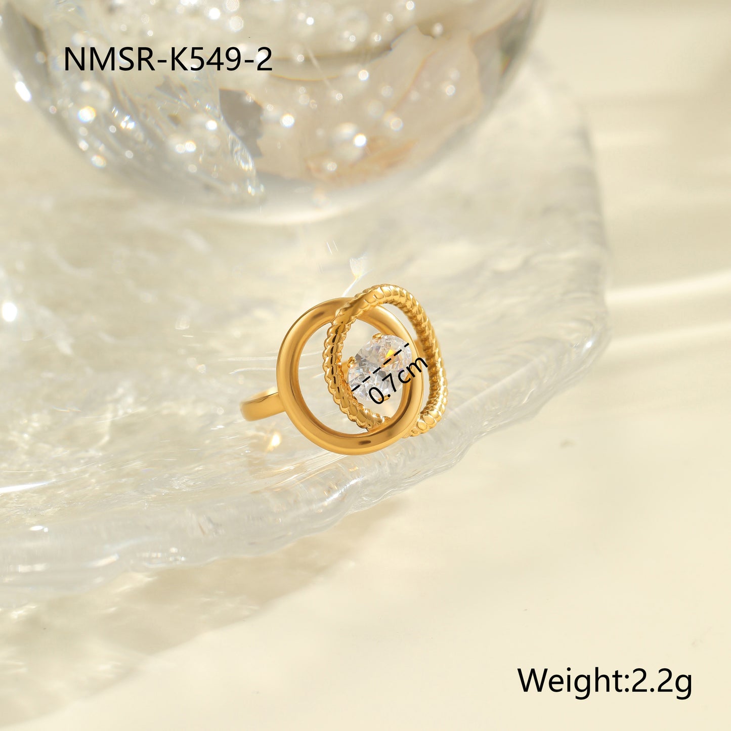 Luxury Geometric Stainless Steel Ring with Zircon Inlay and 18K Gold Plating Adjustable Women's Fashion Ring