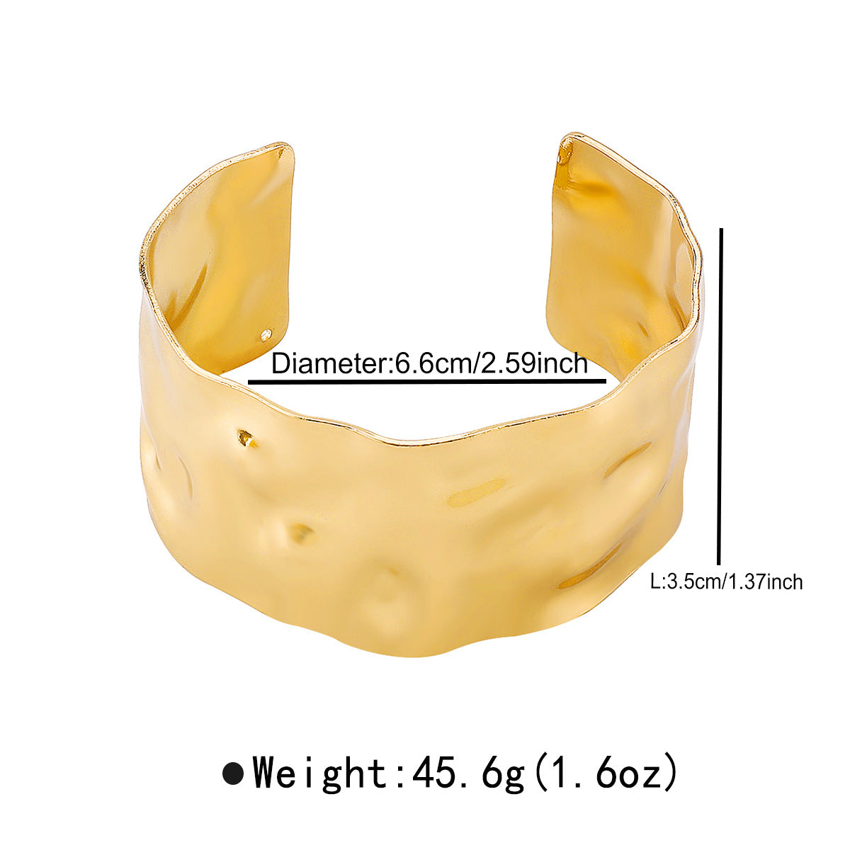 Pulsera minimalista de mujer de apertura ancha, geométrica y texturizada, fabricada en hierro con acabado chapado