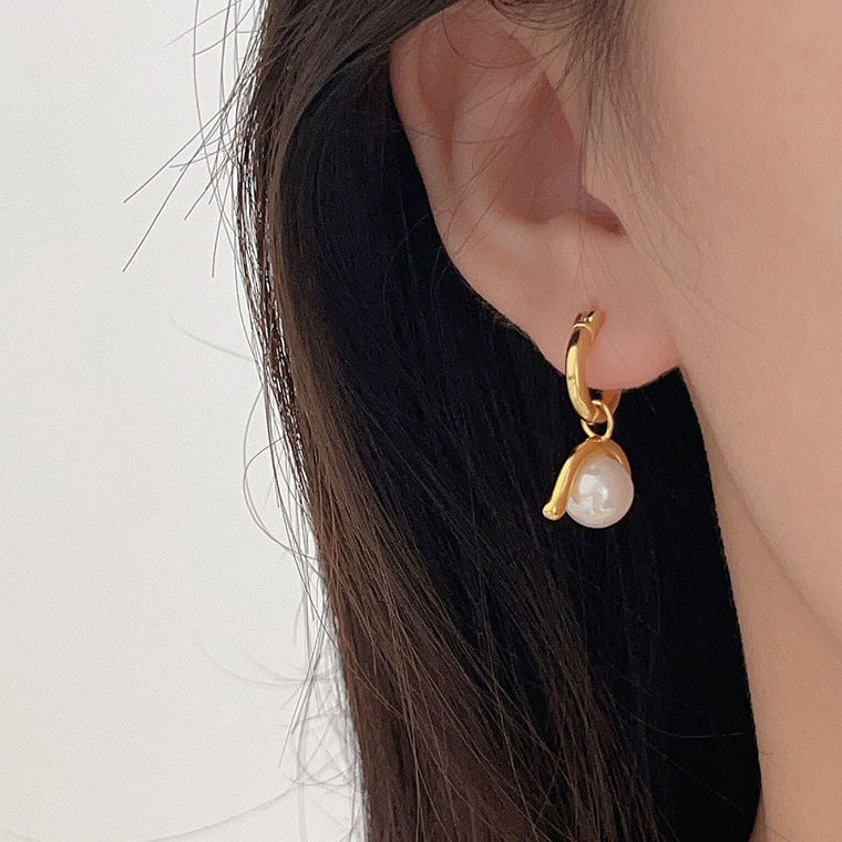 Elegantes Pendientes de Negocios de Plata de Ley 925 Bañados en Oro con Incrustaciones de Perlas Redondas en Forma de Lágrima, Diseño Geométrico