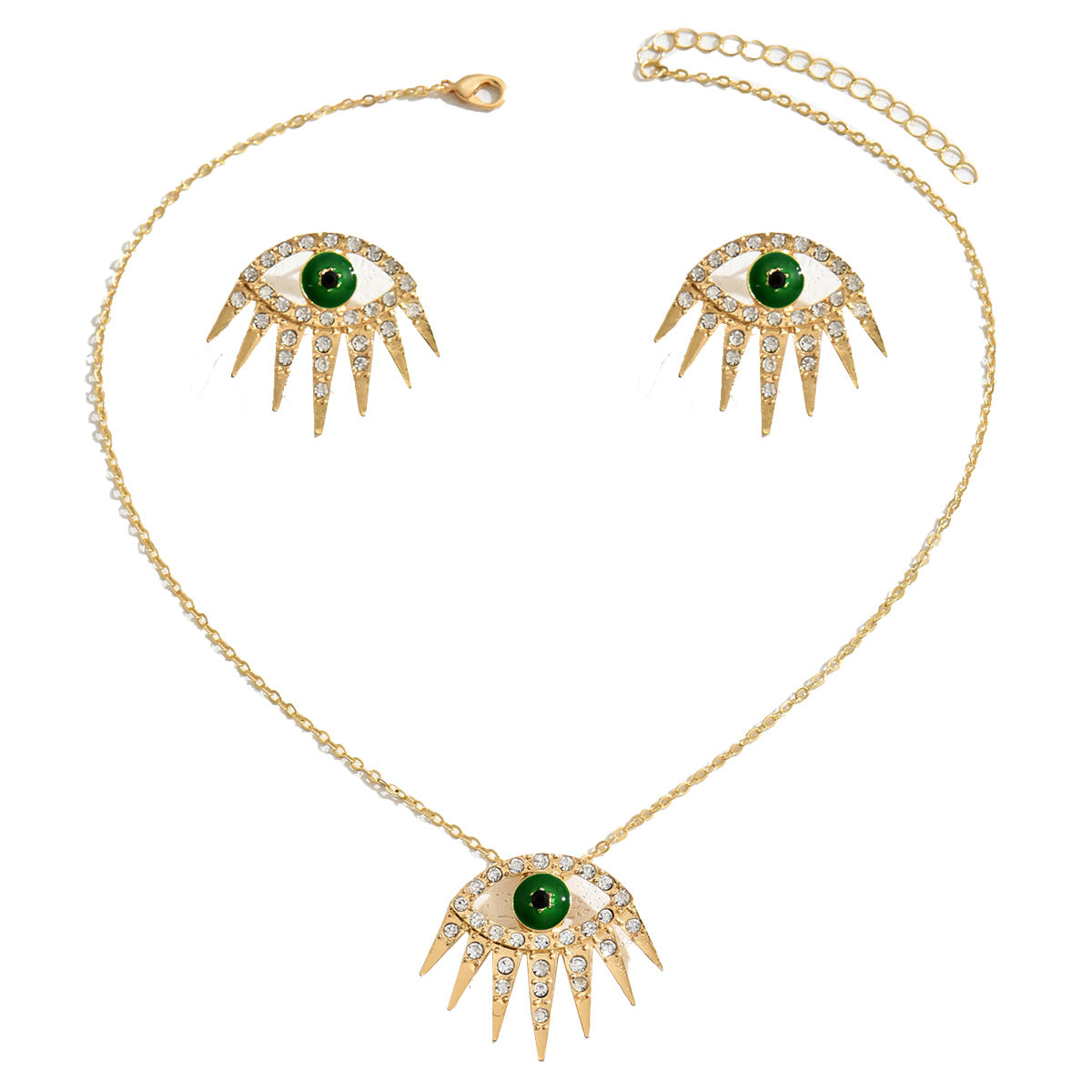 Conjunto de collar con colgante de ojo turco estilo Hip Hop y pendientes de tuerca de aleación con incrustaciones de diamantes de imitación para mujer