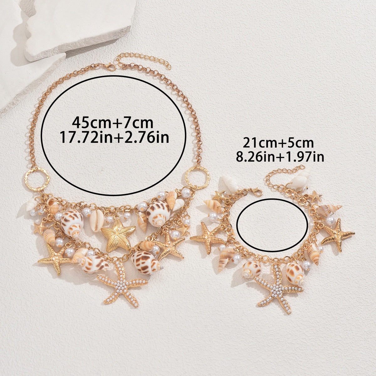 Conjunto de collar y pulsera para mujer inspirados en el océano con colgante de estrella de mar y concha marina, incrustaciones de perlas, cadena de aleación, joyería temática natural
