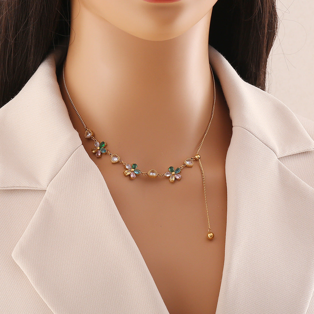 Collana Floreale Trendy con Perle e Farfalle in Acciaio Inossidabile con Strass e Finitura Placcata per Donna