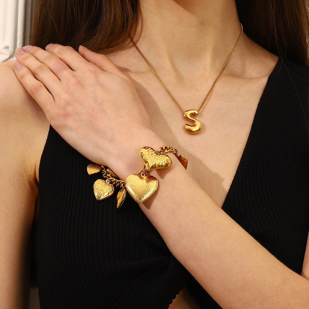 Fashionable Vintage Heart-Shaped Stainless Steel Plated 18K Gold Love Box Bracelet for Women