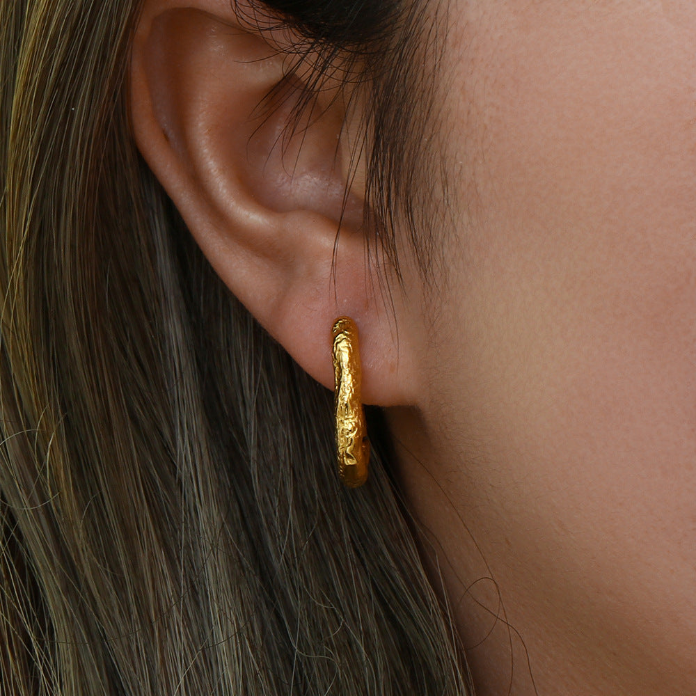 Vintage-Inspired Geometric Stainless Steel Hoop Earrings with Distressed Texture and Polished Finish for Women