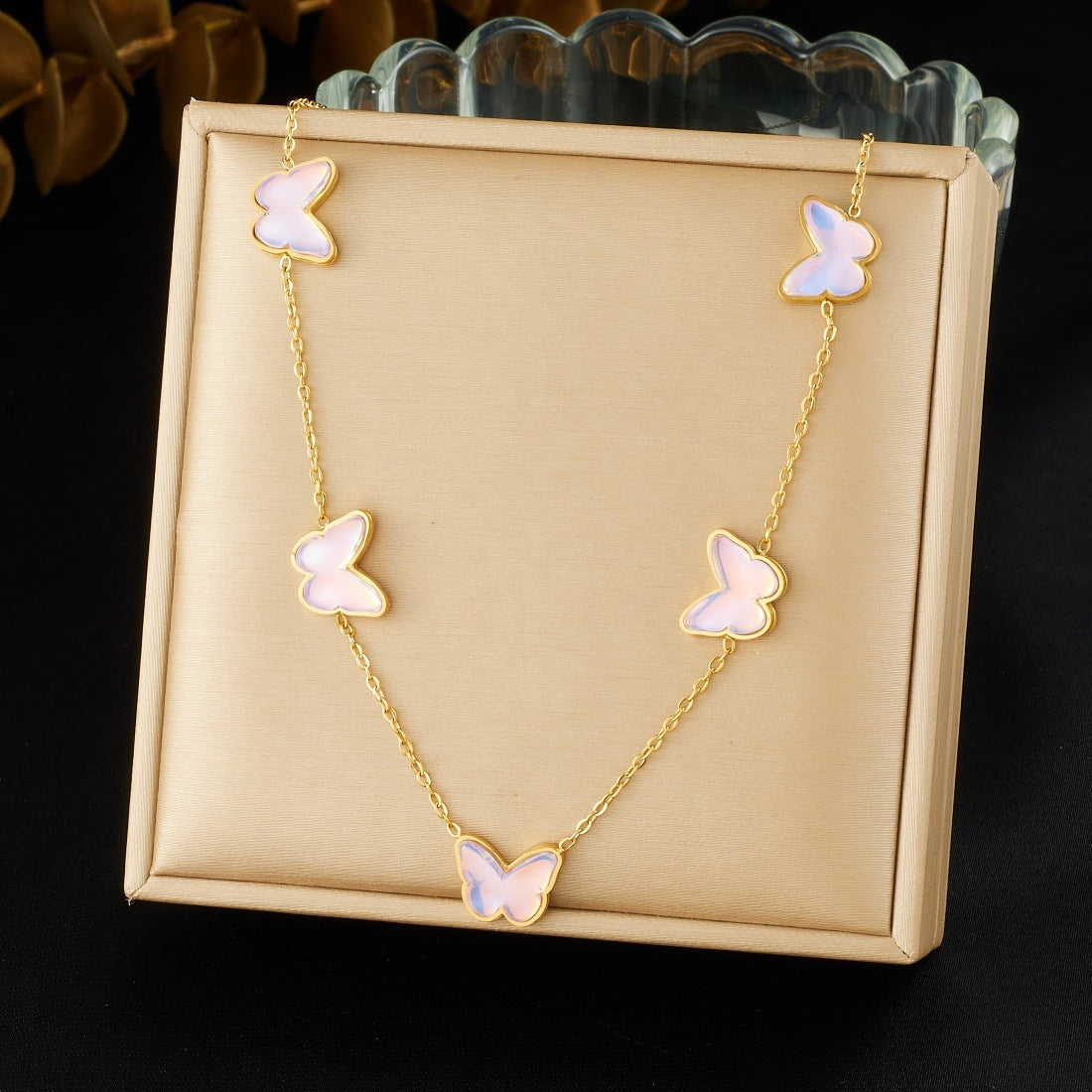 Sweet Pink Purple Acrylic Butterfly Stainless Steel Necklace and Earring Set