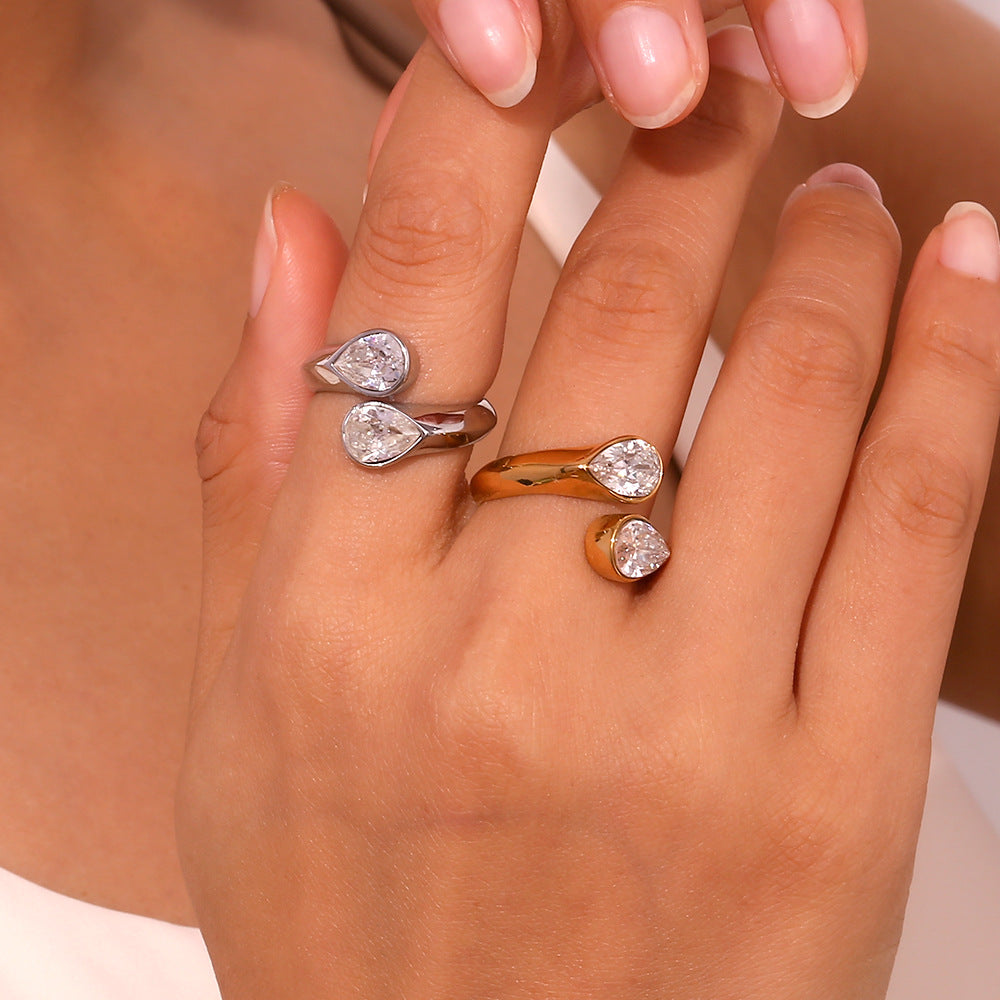 Minimalist Geometric Stainless Steel Plated 18K Gold Double Teardrop Open Ring for Women
