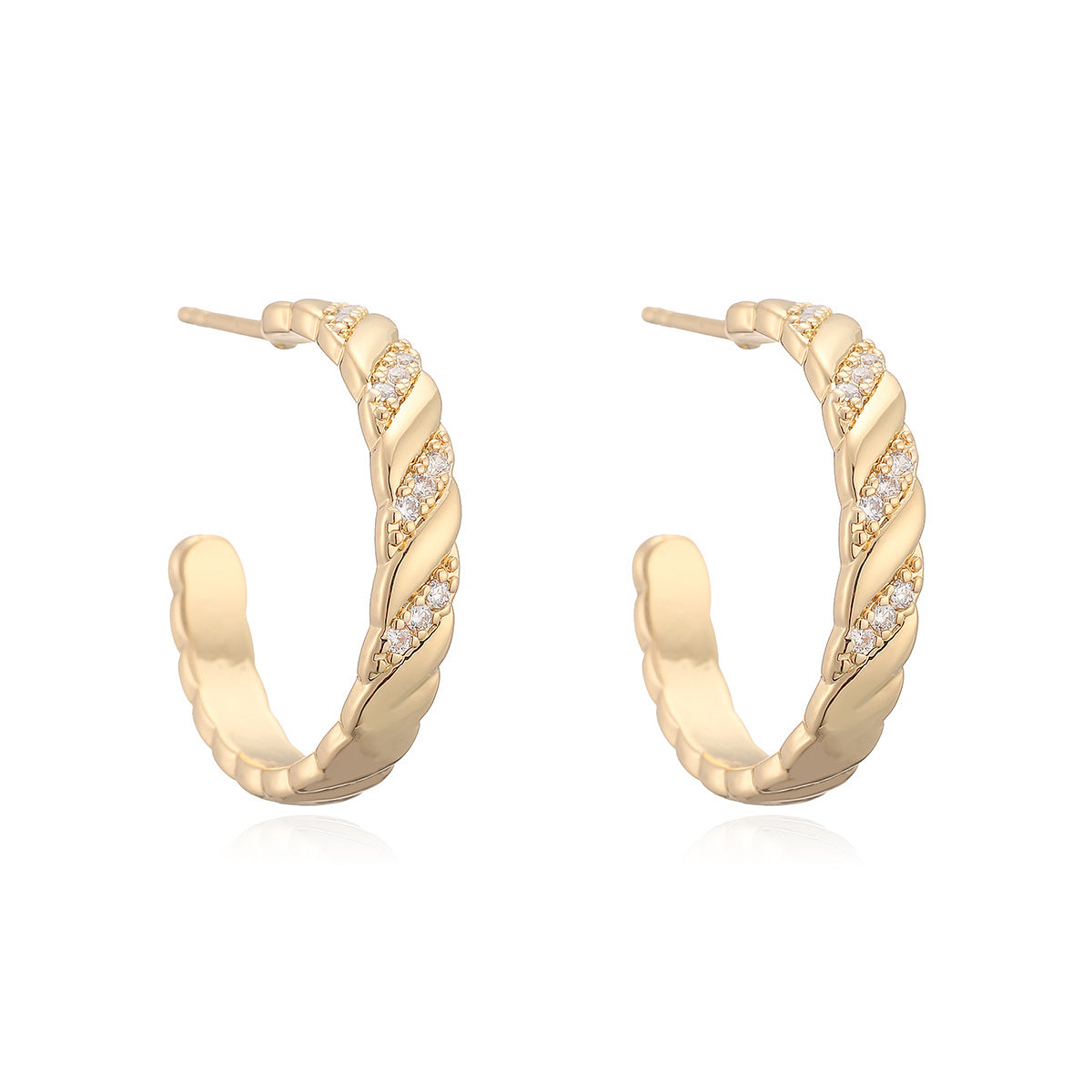 Luxury Vintage Geometric Gold Plated Brass Micro-Inlay Cubic Zirconia C-Shape Earrings for Women
