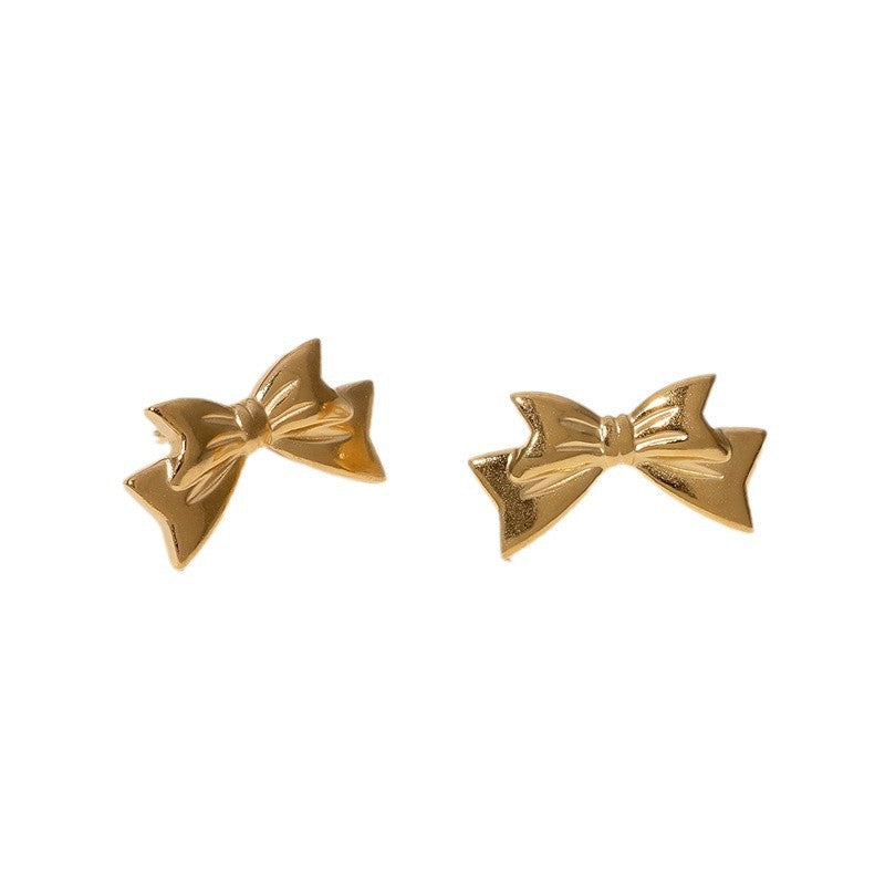 Pendientes de acero inoxidable en forma de lazo de moda minimalista con baño de oro para mujer