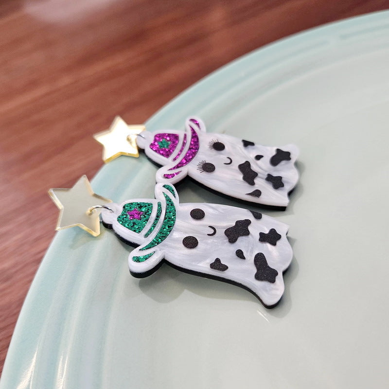 Lindo sombrero vaquero occidental de Halloween con estrella y motivos de vaca, acrílico, accesorio asimétrico de fiesta para mujer