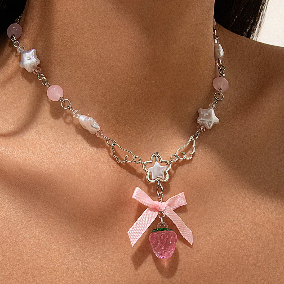 Pastel Floral Strawberry Pendant Necklace with Star and Wing Motifs in Alloy with Pearlized Finish for Women