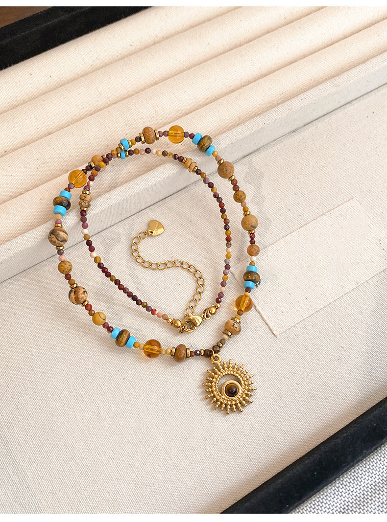 Collana con Ciondolo Vintage a Occhio di Tigre Geometrico Placcata Oro 18K Lunga per Maglione da Donna