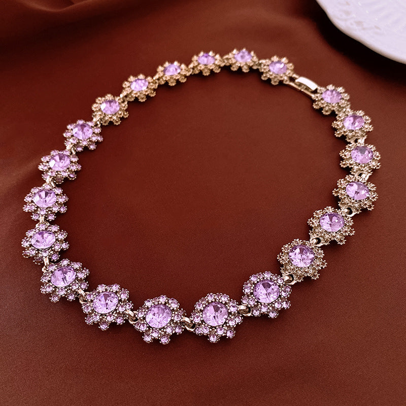 Vintage Floral Flower Earrings Bracelet Necklace Set for Women Alloy Jewelry with Rhinestone Inlay Locket Chain Minimalist Elegant Luxury Style