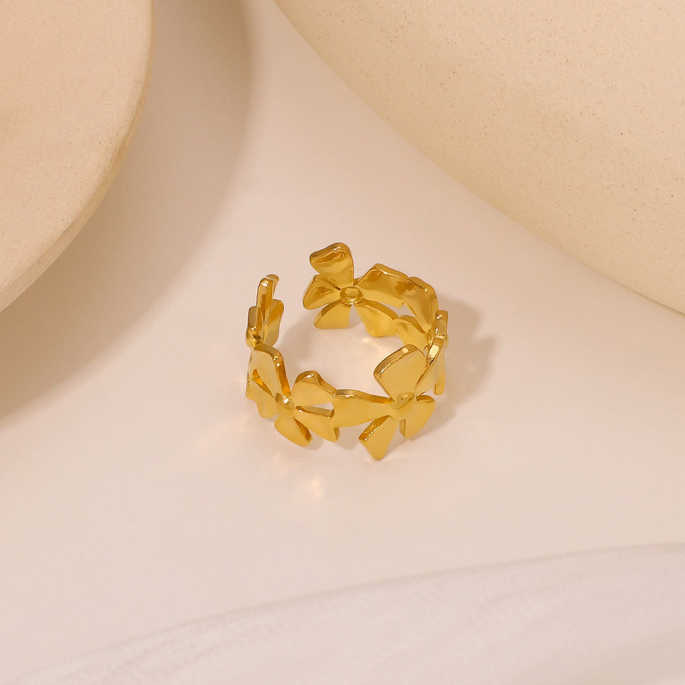 Anello regolabile in acciaio inossidabile lucido con motivo floreale minimalista e design ovale geometrico, per donna e uomo