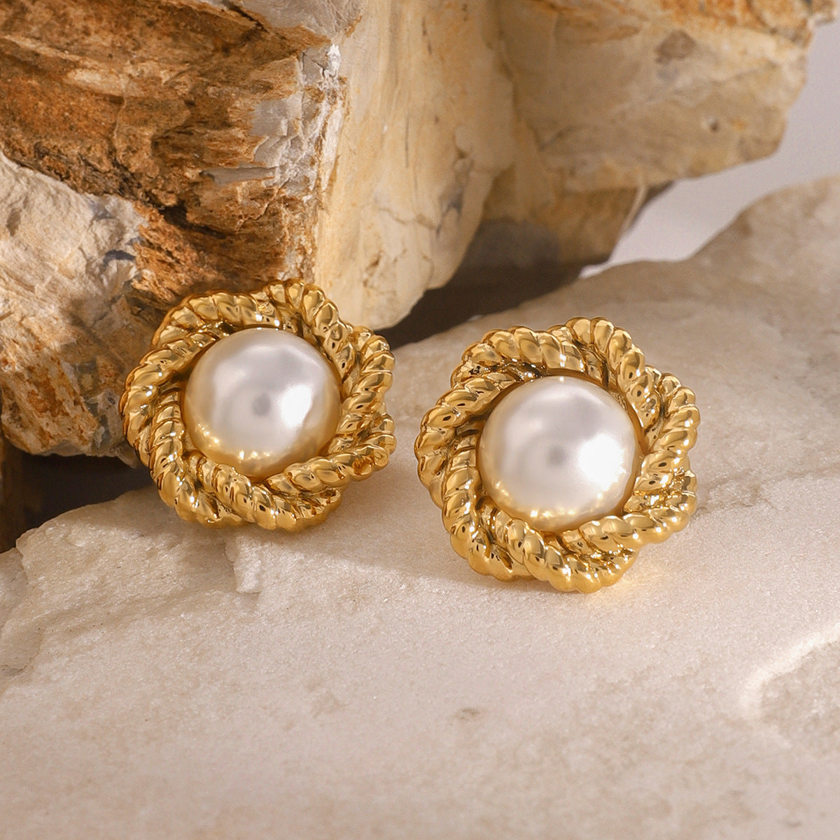 Elegant Floral Design Stainless Steel Earrings with 18K Gold Plating and Pearl Accents for Women