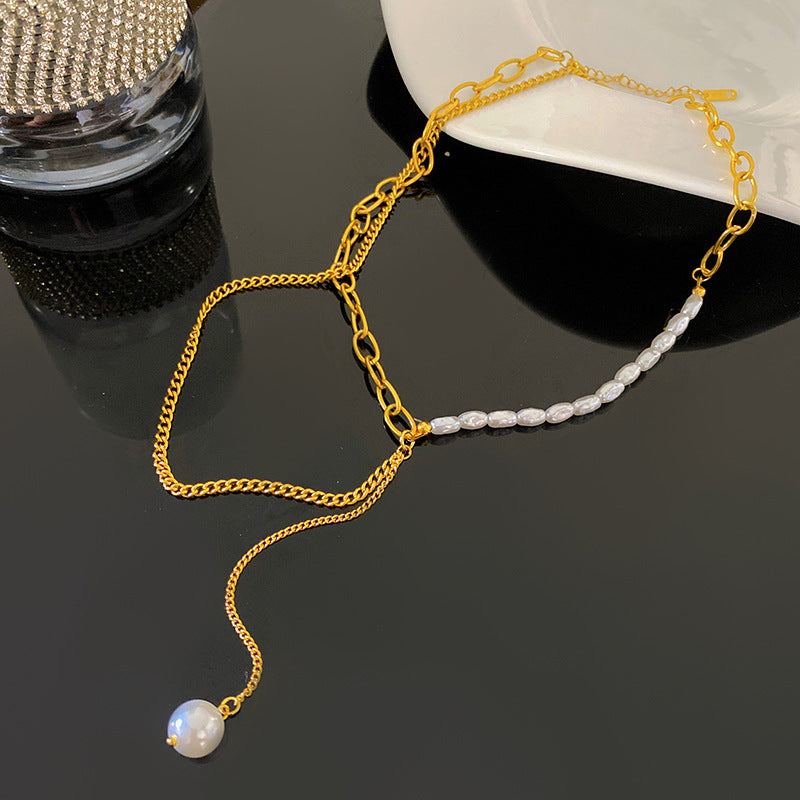 Sweet Oval Round Titanium Steel Plated Long Tassel Necklace with Bar Clasp
