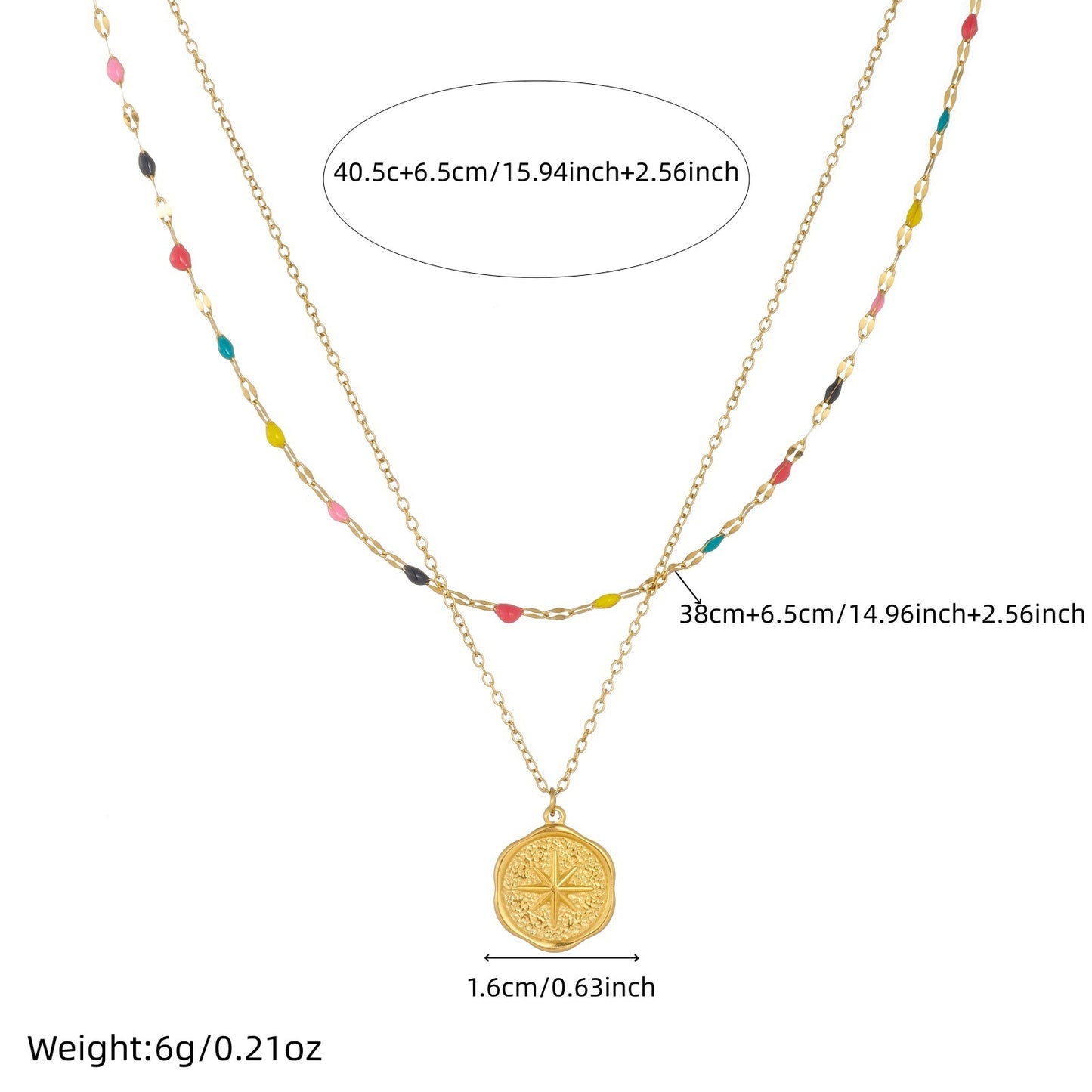 Minimalist Double Layer Colorful Drip Oil Eight-Pointed Star Round Stainless Steel Necklace for Women