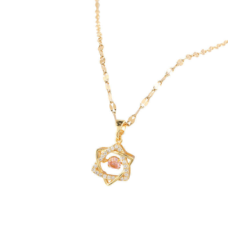 Elegante Collana con Ciondolo Esagramma da Donna in Acciaio al Titanio con Intarsi di Strass e Placcatura in Oro Rosa 18K