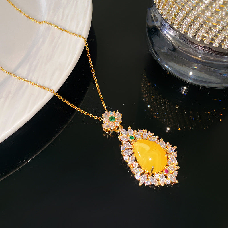 Sweet Sporty Heart Fruit Lemon Yellow Agate Inlay Brass Pendant Titanium Steel Plated Cable Chain Necklace
