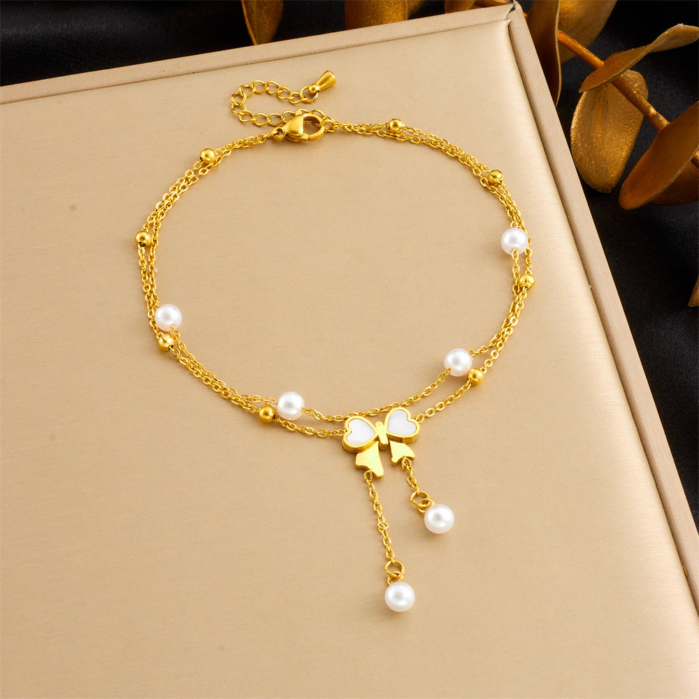 Elegant Stainless Steel Bow Cloud Star Moon Pearl Shell Tassel Anklet for Women