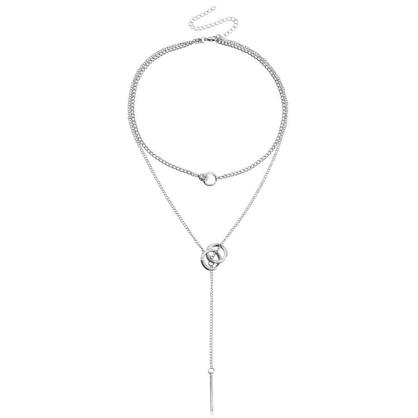 Fashionable Geometric Pendant Necklace for Women with Double Circle Locket Design, Tassel Drop, Electroplated Alloy Chain, Sweater Chain Style