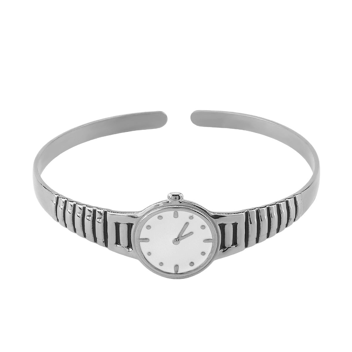 Brazalete de Reloj Minimalista de Acero Inoxidable para Mujer con Acabado Chapado y Estilo de Pulsera Abierta Ajustable