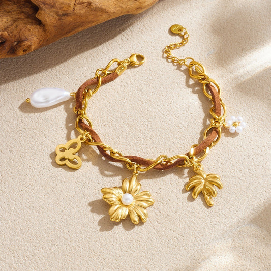 Vintage Gold Plated Stainless Steel Butterfly Flower Pearl Pendant Bracelet with Brown Velvet Cord