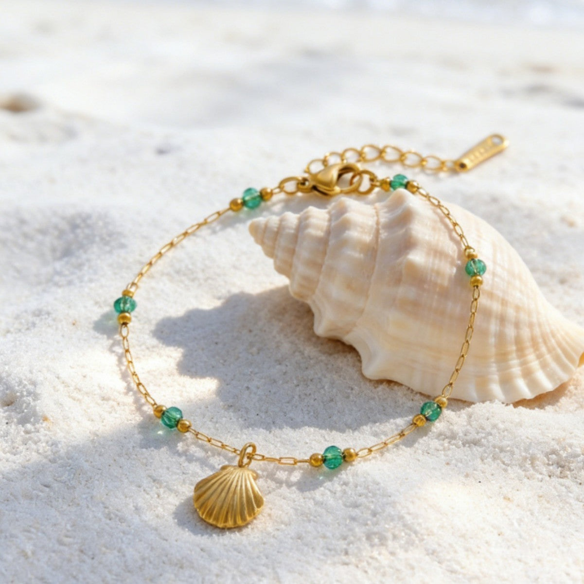Geometric Stainless Steel Gold Plated Shell Bead Anklet for Women