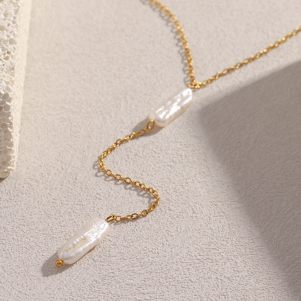 Minimalist Geometric Stainless Steel Plated 18K Gold Long Pearl Tassel Necklace for Women