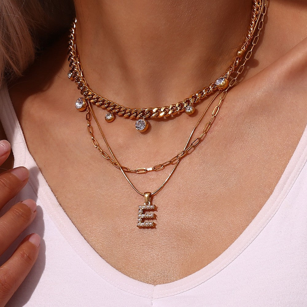 Minimalist Letter Pendant Necklace Stainless Steel with 18K Gold Plating Micro-Pave Zirconia and Pearl Accents