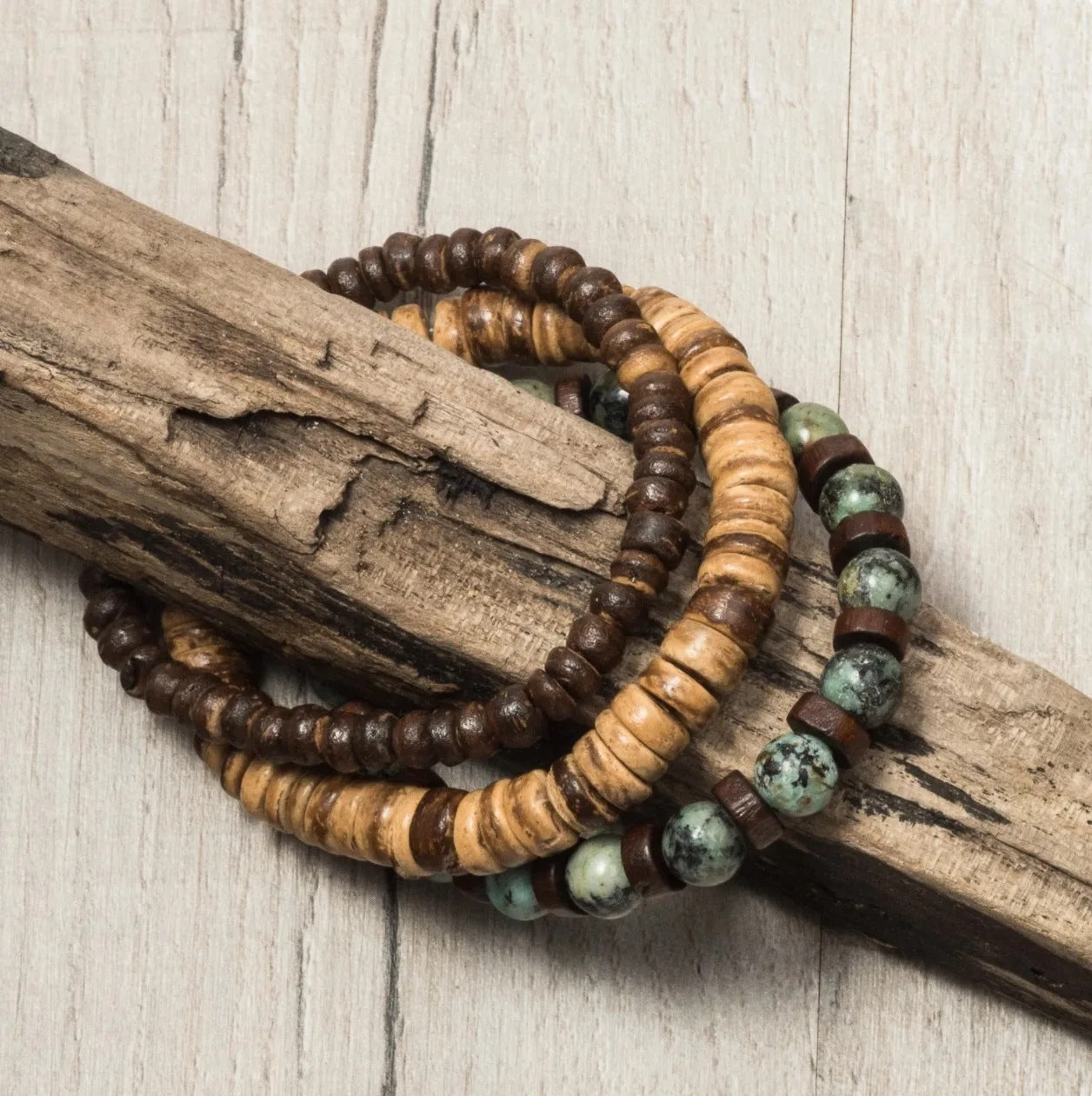 Vintage Round Wood Bead Bracelet Set with Turquoise Inlay for Unisex