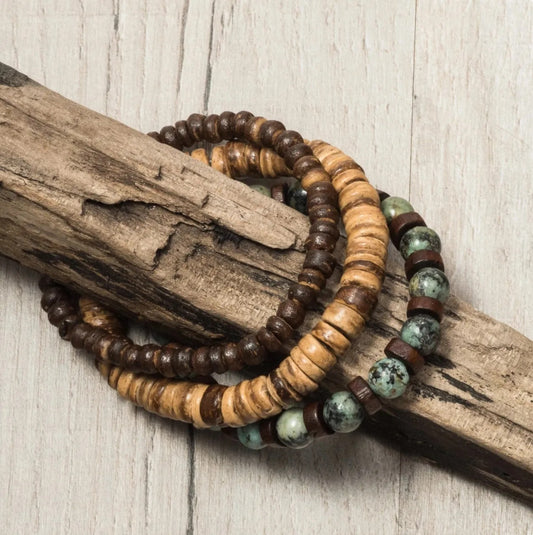 Vintage Round Wood Bead Bracelet Set with Turquoise Inlay for Unisex