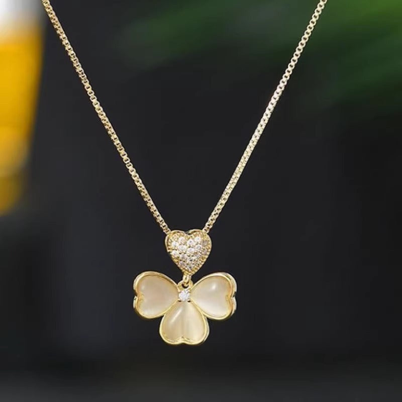 Collana Originale in Acciaio al Titanio a Forma di Trifoglio con Ciondolo in Pietra Occhio di Gatto su Catena ad O per Donne e Uomini