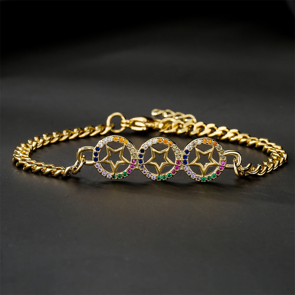Gold Plated Brass Micro-Inlaid Cubic Zirconia Star Bracelet for Women