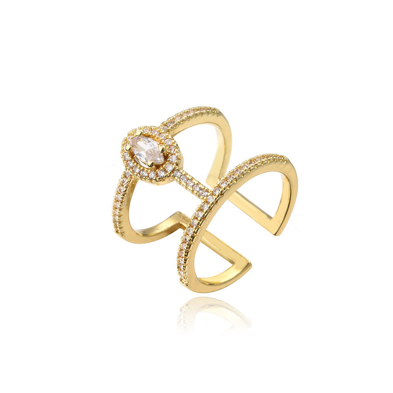 Minimalist Geometric Brass Ring with Micro-Inlaid Cubic Zirconia for Women