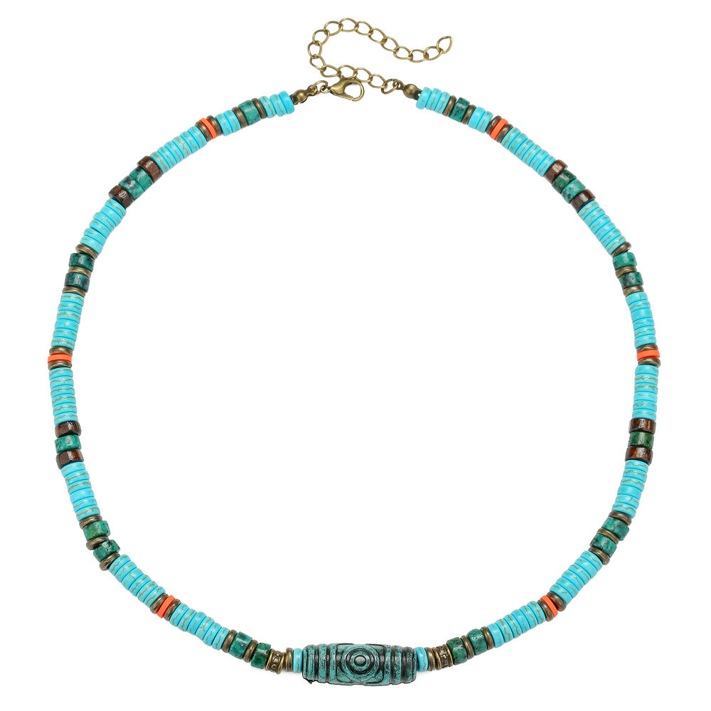Vintage Bohemian Geometric Round Turquoise Plated Alloy Beaded Multi-layer Necklace for Unisex