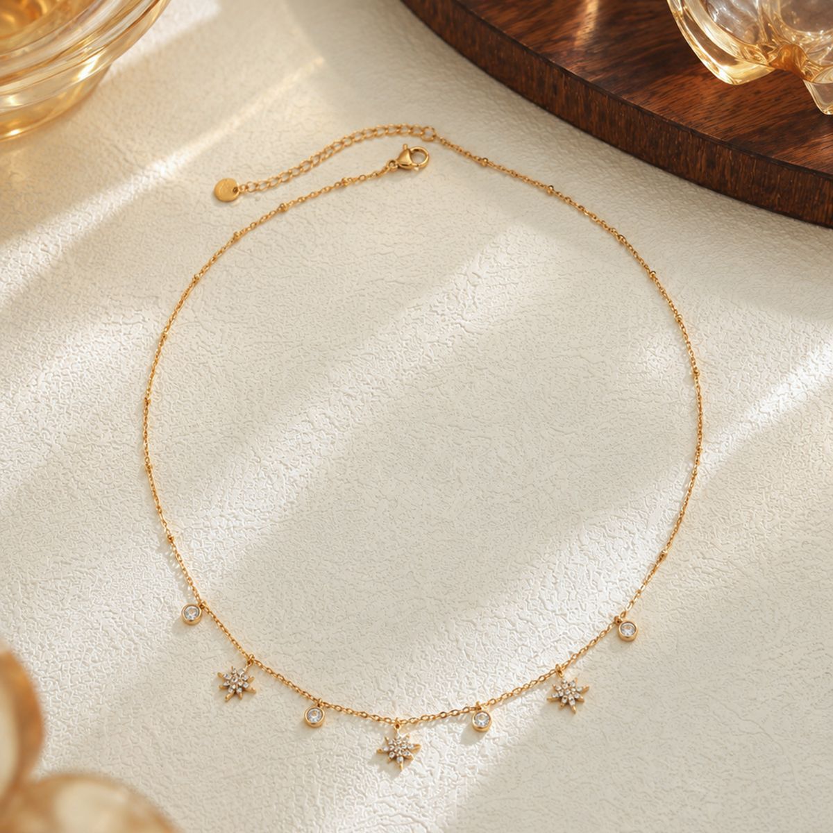 Sweet 18K Gold Plated Stainless Steel Star Cubic Zirconia Pendant Necklace for Women