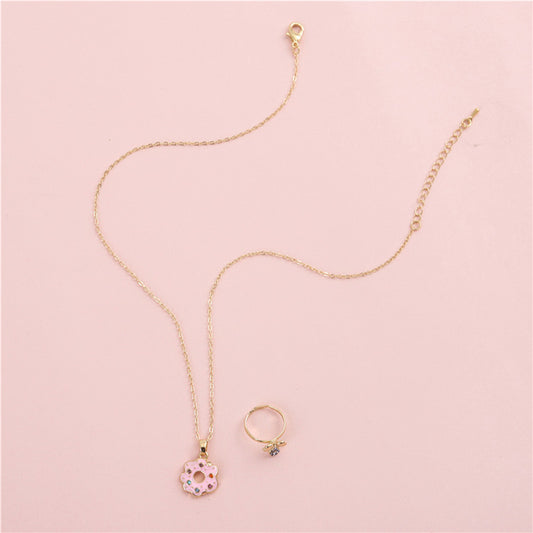 Cartoon Style Flower and Donut Shape Alloy Necklace Set for Kids with Enamel Finish and Cross Chain