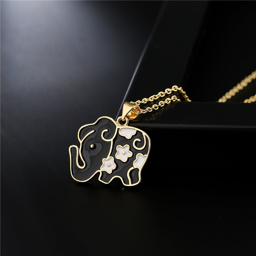 Cute Elephant Drip Oil Geometric Brass 18K Gold Plated Necklace with Cubic Zirconia Cable Chain
