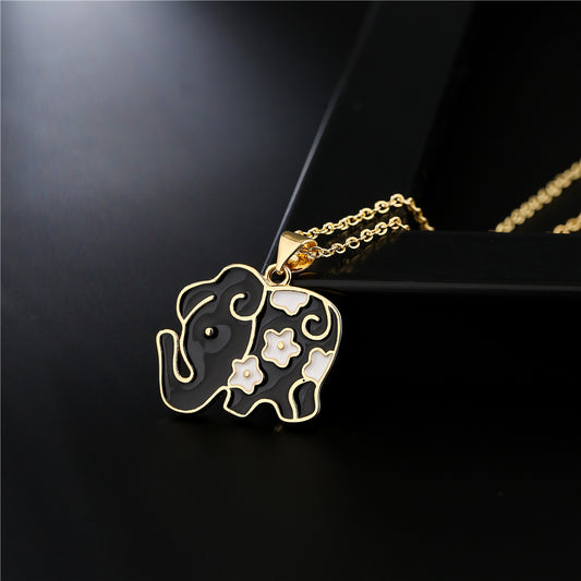 Cute Elephant Drip Oil Geometric Brass 18K Gold Plated Necklace with Cubic Zirconia Cable Chain