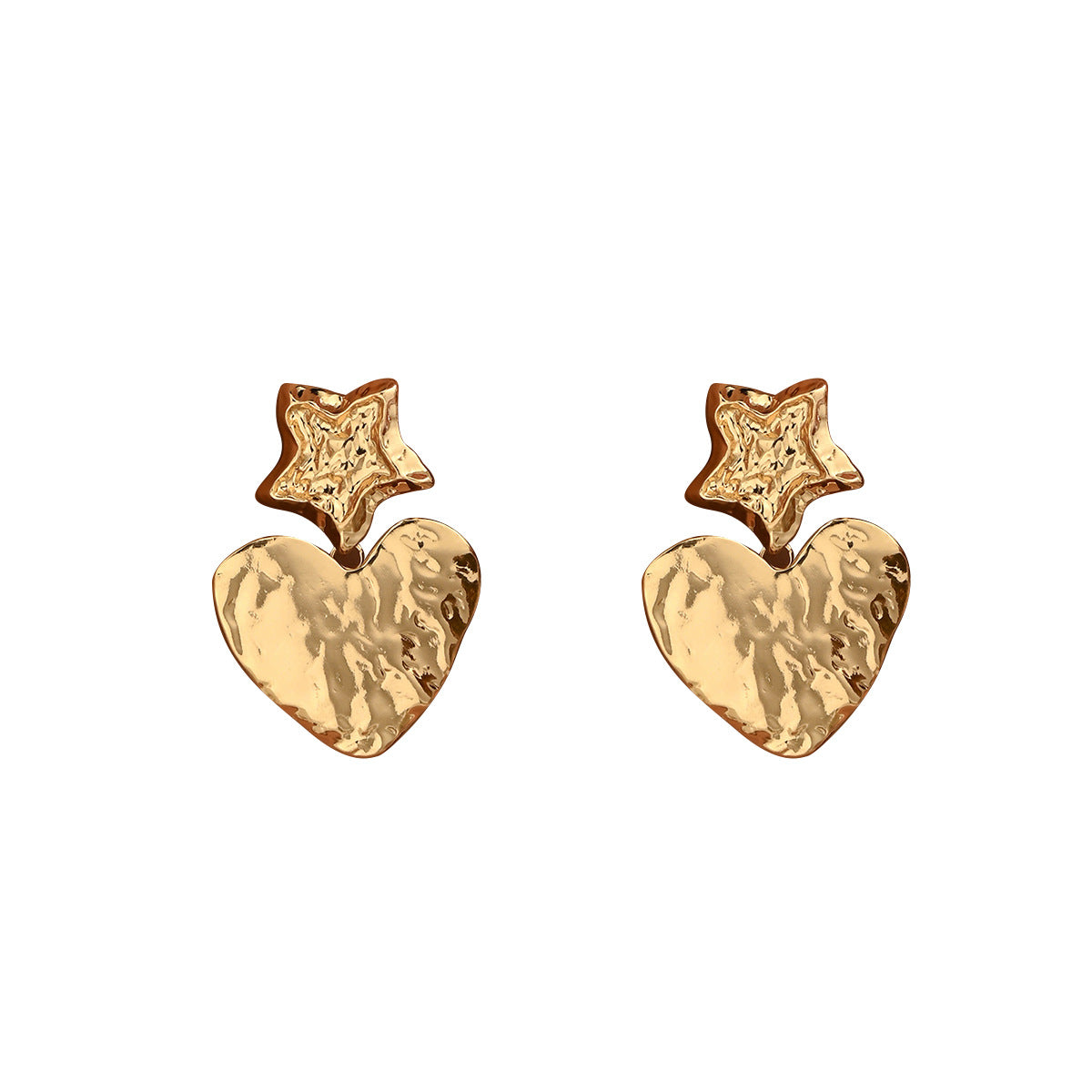 Pendientes de tuerca minimalistas en forma de corazón de aleación de zinc con baño de oro para mujer, con diseño elegante de estrella y plisado