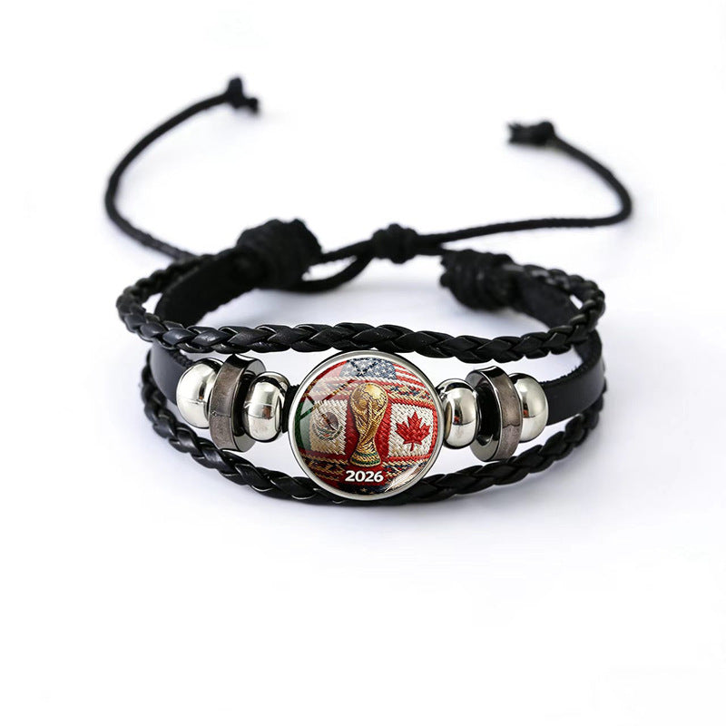 Vintage Geometric Round Black Leather Snap Button Bracelet Unisex Multi-layer Woven Fan Souvenir