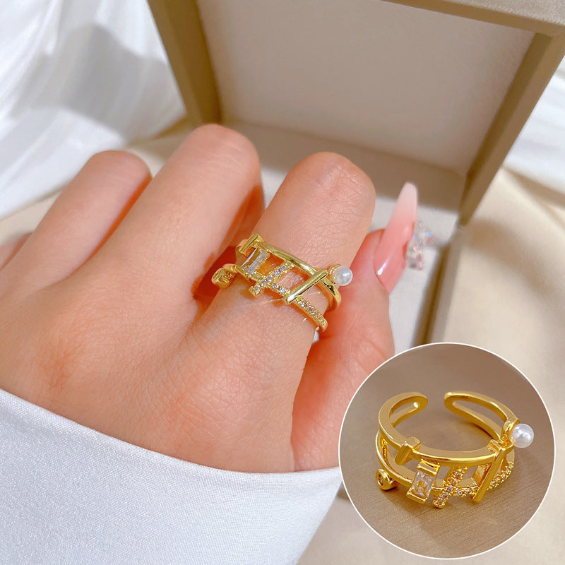 Luxury Minimalist Plated Brass Crown Rhinestone Adjustable Ring for Women