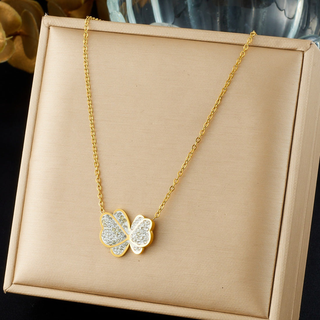 Elegant Gold Plated Stainless Steel Butterfly Necklace with Rhinestone Inlay and Cable Chain for Women