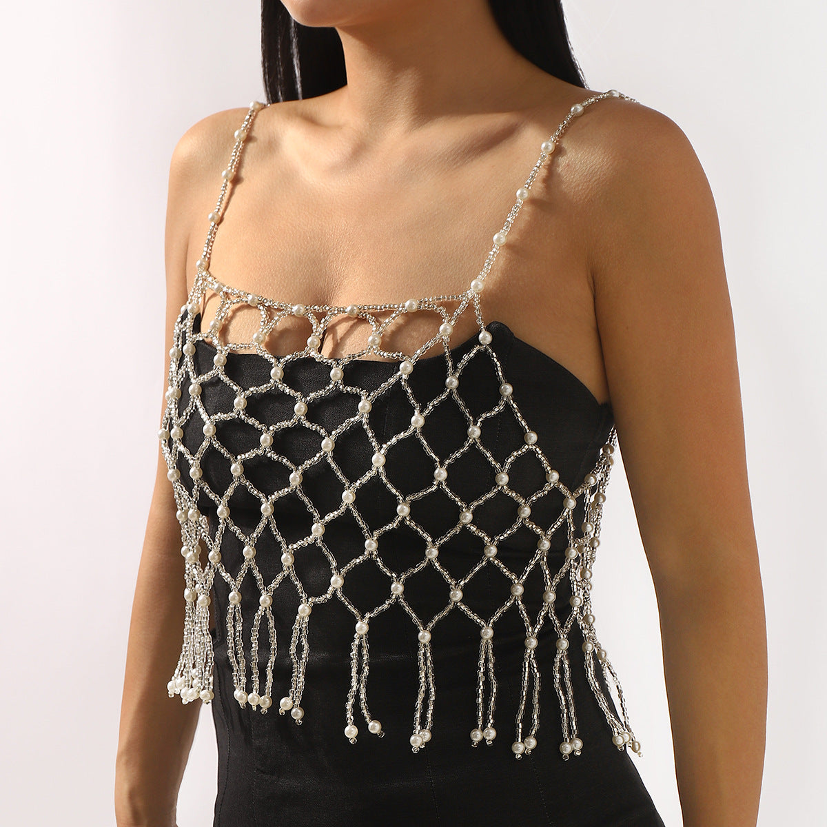 Elegante cadena corporal de moda con abalorios de perlas de imitación y diseño geométrico para mujer
