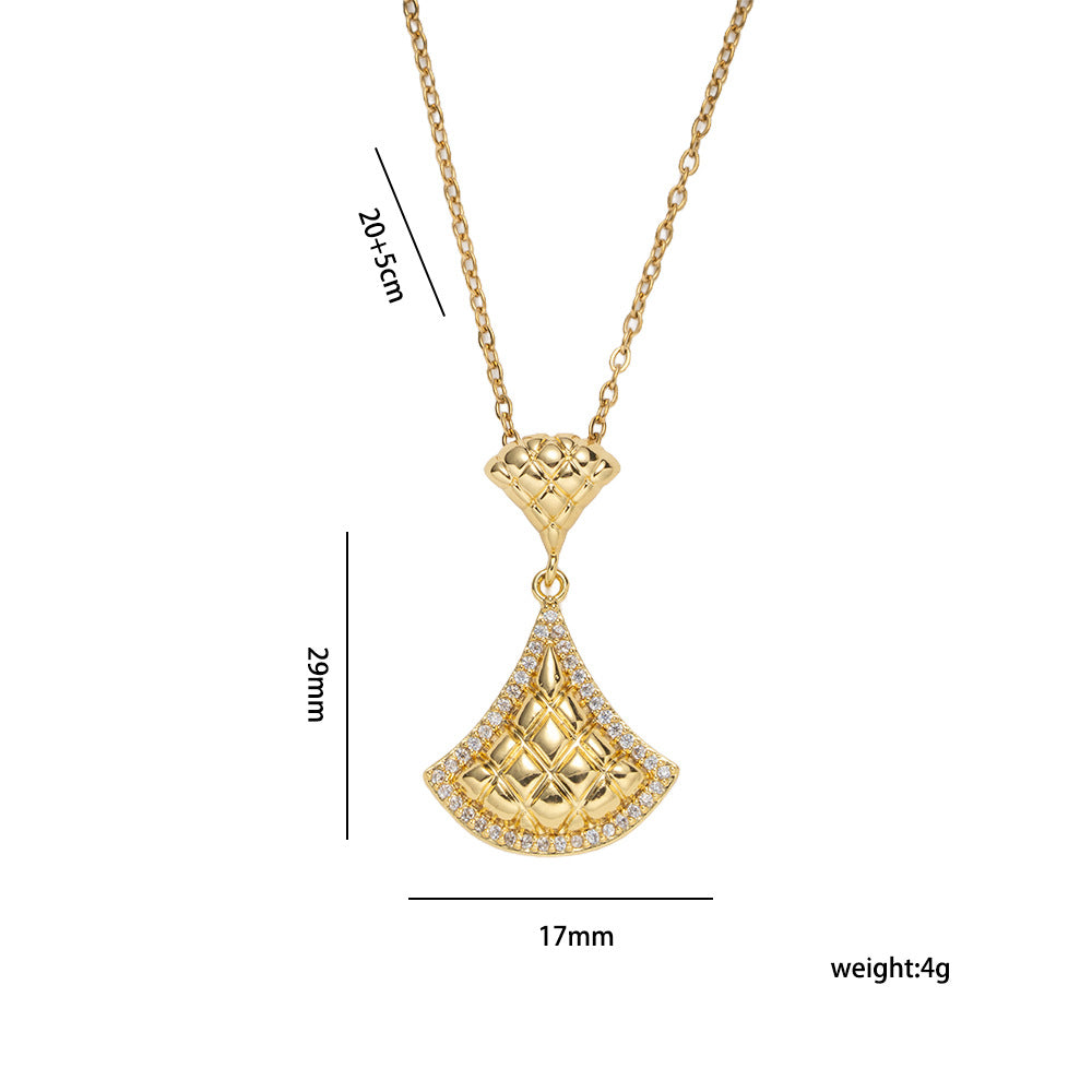Light Luxury Fan-Shaped Skirt Pendant Necklace with Rhinestone Inlay, Titanium Steel Cross Chain