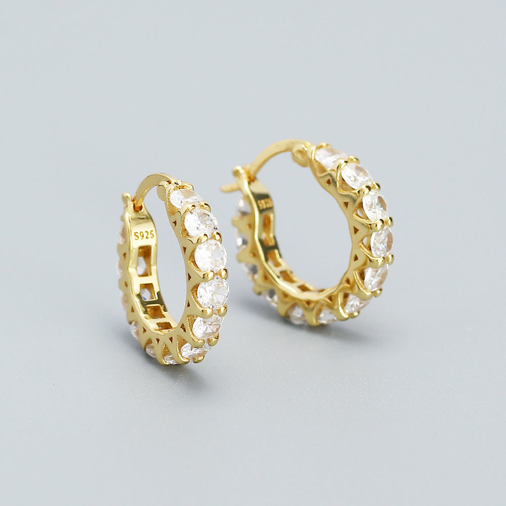 Minimalist Geometric Sterling Silver Hoop Earrings with Zirconia Inlay for Women