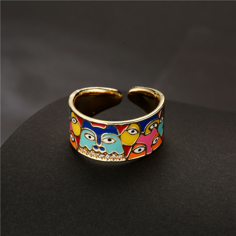 Casual Geometric Drip Oil Brass Ring with Cubic Zirconia for Women