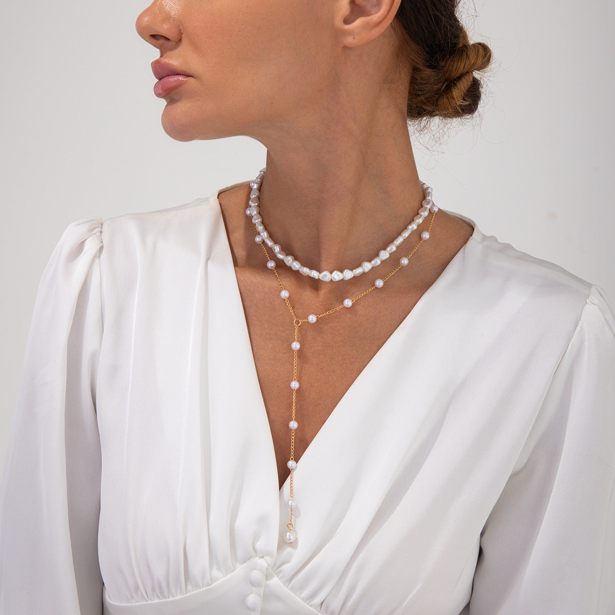 Geometric Faux Pearl Tassel Multi-Layer Choker Necklace for Women