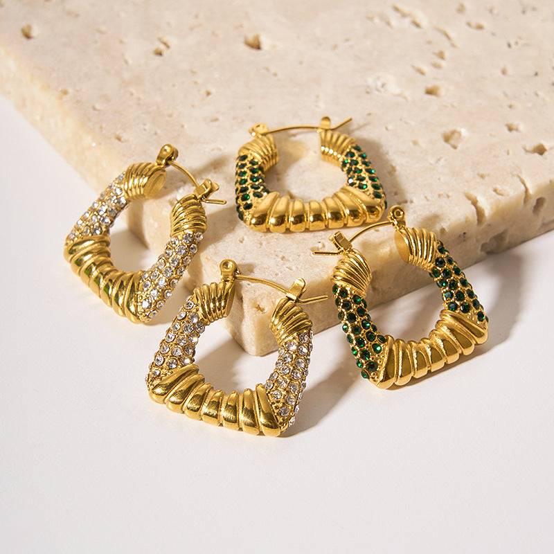 Vintage-Style Geometric Trapezoid Stainless Steel Earrings with 18K Gold Plating and Zircon Inlay