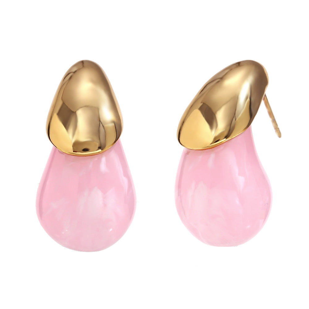 Orecchini a Goccia in Acciaio Inossidabile, Minimalisti ed Eleganti, Placcati Oro 18K con Dettagli in Resina Color Caramella